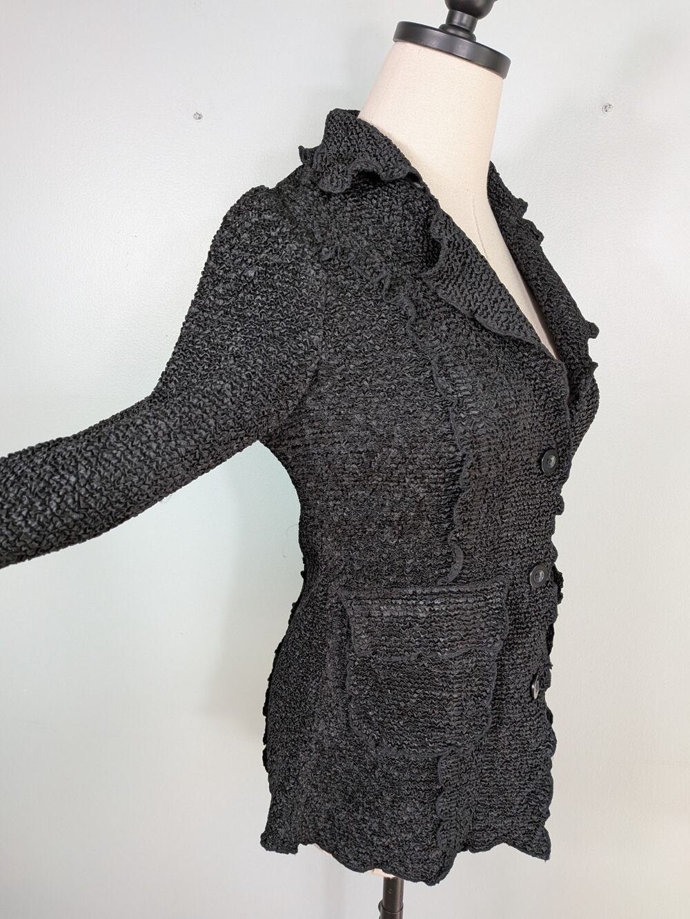Crinkle Blazer Jacket S Black Y2K Vintage Whimsigoth Stretch Ruffle Lettuce Goth